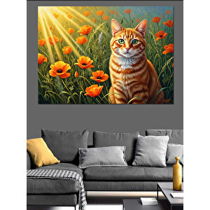 Çiçek Tarlasında Duran Sevimli Kedi Dekoratif Kanvas - Mdf Ahşap Tablo 50x70 cm