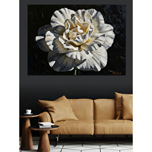 Siyah Zemin Üzerinde Beyaz Çiçek Dekoratif Kanvas - Mdf Ahşap Tablo 50x70 cm