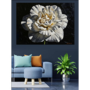 Siyah Zemin Üzerinde Beyaz Çiçek Dekoratif Kanvas - Mdf Ahşap Tablo 50x70 cm