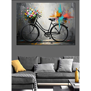 Çiçek Sepetli Şık Siyah Bisiklet Dekoratif Kanvas - Mdf Ahşap Tablo 50x70 cm