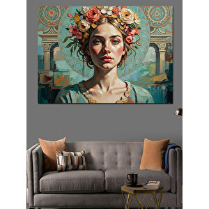 Çiçek Taçlı Zarif Kadın Portresi Dekoratif Kanvas - Mdf Ahşap Tablo 100x140 cm