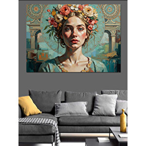 Çiçek Taçlı Zarif Kadın Portresi Dekoratif Kanvas - Mdf Ahşap Tablo 100x140 cm