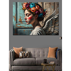 Çiçek Taçlı Kanatlı Melek Portresi Dekoratif Kanvas - Mdf Ahşap Tablo 70x100 cm