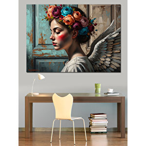 Çiçek Taçlı Kanatlı Melek Portresi Dekoratif Kanvas - Mdf Ahşap Tablo 70x100 cm