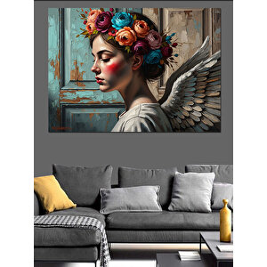 Çiçek Taçlı Kanatlı Melek Portresi Dekoratif Kanvas - Mdf Ahşap Tablo 70x100 cm