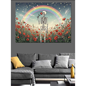 Çiçek Tarlasında İskelet Ve Gökkuşağı Dekoratif Kanvas - Mdf Ahşap Tablo 70x100 cm