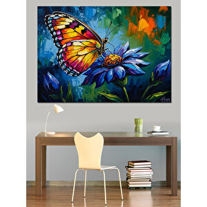 Mavi Çiçek Üzerinde Renkli Kelebek Dekoratif Kanvas - Mdf Ahşap Tablo 70x100 cm