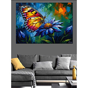 Mavi Çiçek Üzerinde Renkli Kelebek Dekoratif Kanvas - Mdf Ahşap Tablo 70x100 cm