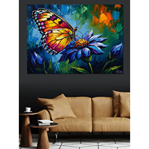Mavi Çiçek Üzerinde Renkli Kelebek Dekoratif Kanvas - Mdf Ahşap Tablo 70x100 cm