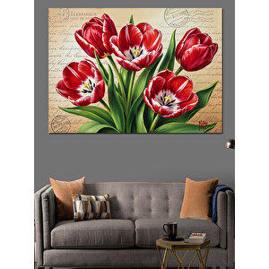 Kırmızı Lale Çiçekleri Buketi Dekoratif Kanvas - Mdf Ahşap Tablo 100x140 cm