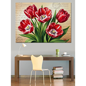 Kırmızı Lale Çiçekleri Buketi Dekoratif Kanvas - Mdf Ahşap Tablo 100x140 cm