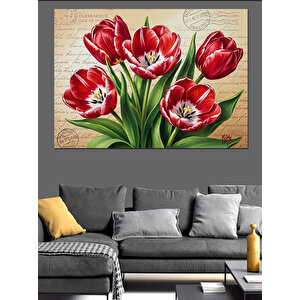 Kırmızı Lale Çiçekleri Buketi Dekoratif Kanvas - Mdf Ahşap Tablo 100x140 cm