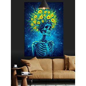 Çiçekli Kuru Kafa Iskelet Mavi Dekoratif Kanvas - Mdf Ahşap Tablo 50x70 cm