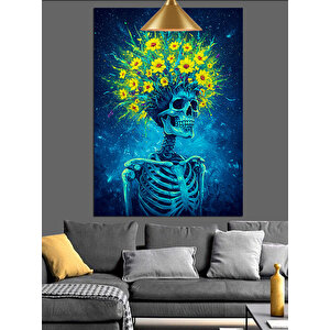 Çiçekli Kuru Kafa Iskelet Mavi Dekoratif Kanvas - Mdf Ahşap Tablo 50x70 cm