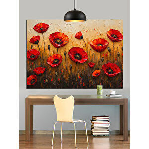 Canlı Kırmızı Gelincik Çiçekleri Dekoratif Kanvas - Mdf Ahşap Tablo 100x140 cm