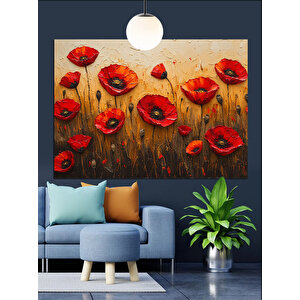 Canlı Kırmızı Gelincik Çiçekleri Dekoratif Kanvas - Mdf Ahşap Tablo 100x140 cm