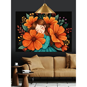 Uyuyan Çocuk Ve Turuncu Çiçek Dekoratif Kanvas - Mdf Ahşap Tablo 70x100 cm