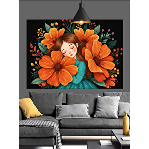 Uyuyan Çocuk Ve Turuncu Çiçek Dekoratif Kanvas - Mdf Ahşap Tablo 70x100 cm