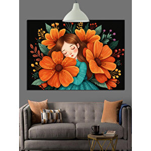Uyuyan Çocuk Ve Turuncu Çiçek Dekoratif Kanvas - Mdf Ahşap Tablo 70x100 cm