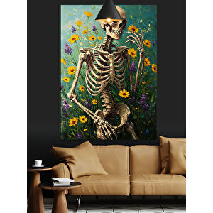 Sarı Çiçekler Içindeki Iskelet Figür Dekoratif Kanvas - Mdf Ahşap Tablo 50x70 cm