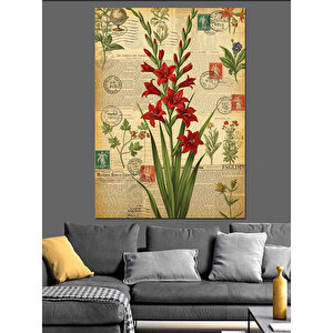 Kırmızı Çiçekler Botanik Çizim Dekoratif Kanvas - Mdf Ahşap Tablo 100x140 cm