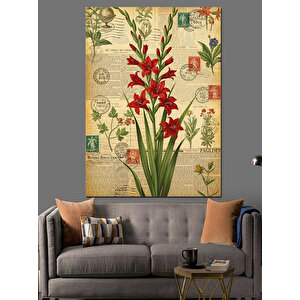 Kırmızı Çiçekler Botanik Çizim Dekoratif Kanvas - Mdf Ahşap Tablo 100x140 cm