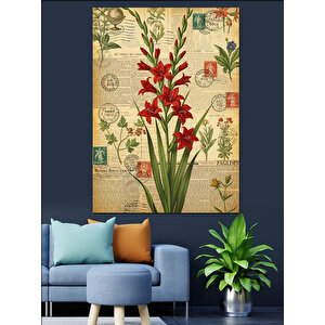 Kırmızı Çiçekler Botanik Çizim Dekoratif Kanvas - Mdf Ahşap Tablo 100x140 cm