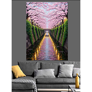 Pembe Çiçekli Yol Manzarası Dekoratif Kanvas - Mdf Ahşap Tablo 100x140 cm