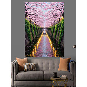 Pembe Çiçekli Yol Manzarası Dekoratif Kanvas - Mdf Ahşap Tablo 100x140 cm