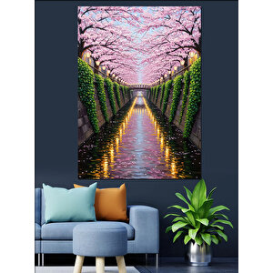 Pembe Çiçekli Yol Manzarası Dekoratif Kanvas - Mdf Ahşap Tablo 100x140 cm