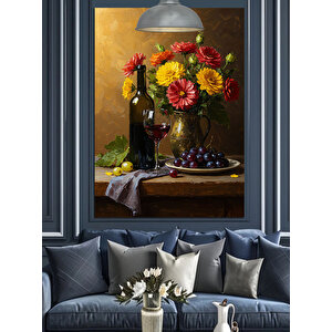 Şarap Şişesi Meyve Tabağı Çiçek Vazosu Dekoratif Kanvas - Mdf Ahşap Tablo 50x70 cm