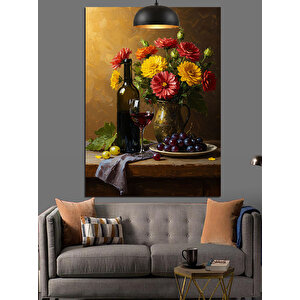 Şarap Şişesi Meyve Tabağı Çiçek Vazosu Dekoratif Kanvas - Mdf Ahşap Tablo 50x70 cm