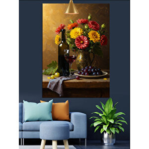 Şarap Şişesi Meyve Tabağı Çiçek Vazosu Dekoratif Kanvas - Mdf Ahşap Tablo 50x70 cm