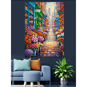 Çiçekli Sokak Yolu Manzarası Dekoratif Kanvas - Mdf Ahşap Tablo 100x140 cm