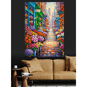 Çiçekli Sokak Yolu Manzarası Dekoratif Kanvas - Mdf Ahşap Tablo 100x140 cm