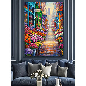 Çiçekli Sokak Yolu Manzarası Dekoratif Kanvas - Mdf Ahşap Tablo 100x140 cm