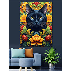 Çiçekler Arasında Siyah Kedi Dekoratif Kanvas - Mdf Ahşap Tablo 100x140 cm