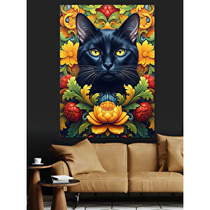 Çiçekler Arasında Siyah Kedi Dekoratif Kanvas - Mdf Ahşap Tablo 100x140 cm