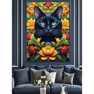 Çiçekler Arasında Siyah Kedi Dekoratif Kanvas - Mdf Ahşap Tablo 100x140 cm