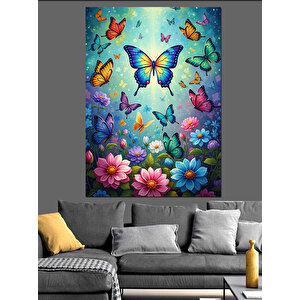 Çiçekli Bahçede Renkli Kelebekler Tablosu Dekoratif Kanvas - Mdf Ahşap Tablo 50x70 cm
