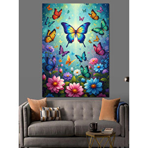 Çiçekli Bahçede Renkli Kelebekler Tablosu Dekoratif Kanvas - Mdf Ahşap Tablo 50x70 cm