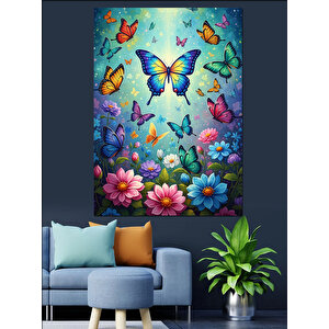 Çiçekli Bahçede Renkli Kelebekler Tablosu Dekoratif Kanvas - Mdf Ahşap Tablo 50x70 cm