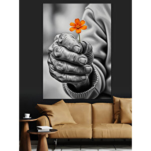Siyah Beyaz Çiçekli El Dekoratif Kanvas - Mdf Ahşap Tablo 50x70 cm