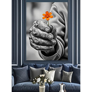 Siyah Beyaz Çiçekli El Dekoratif Kanvas - Mdf Ahşap Tablo 50x70 cm