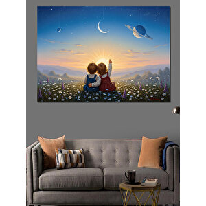 Çiçekli Kırsalda Gökyüzünü Seyreden İki Küçük Çocuk İllüstrasyonu Dekoratif Kanvas - Mdf Ahşap Tablo 35x50 cm