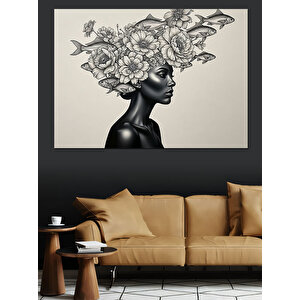 Çiçek Ve Balık Saçlı Kadın İllüstrasyonu Siyah Beyaz Dekoratif Kanvas - Mdf Ahşap Tablo 35x50 cm