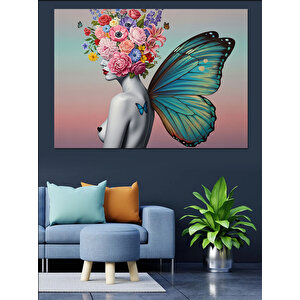 Çiçek Başlıklı Kelebek Kanatlı Kadın Kalp Detaylı Romantik Çalışma Dekoratif Kanvas - Mdf Ahşap Tablo 35x50 cm
