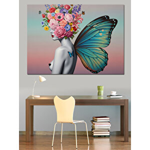 Çiçek Başlıklı Kelebek Kanatlı Kadın Kalp Detaylı Romantik Çalışma Dekoratif Kanvas - Mdf Ahşap Tablo 35x50 cm