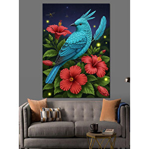 Kırmızı Çiçekler Ve  Mavi Kuş Dekoratif Kanvas - Mdf Ahşap Tablo 50x70 cm