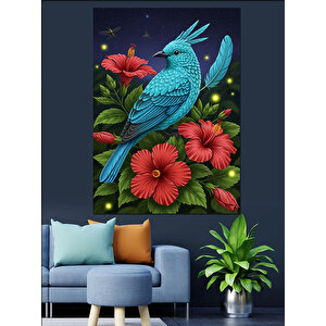 Kırmızı Çiçekler Ve  Mavi Kuş Dekoratif Kanvas - Mdf Ahşap Tablo 50x70 cm